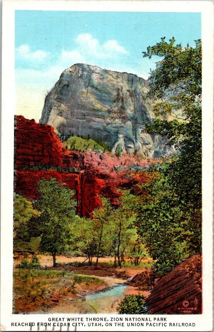 Union Pacific Railroad Postcard White Throne Zion National Park 1938 1c Stamp