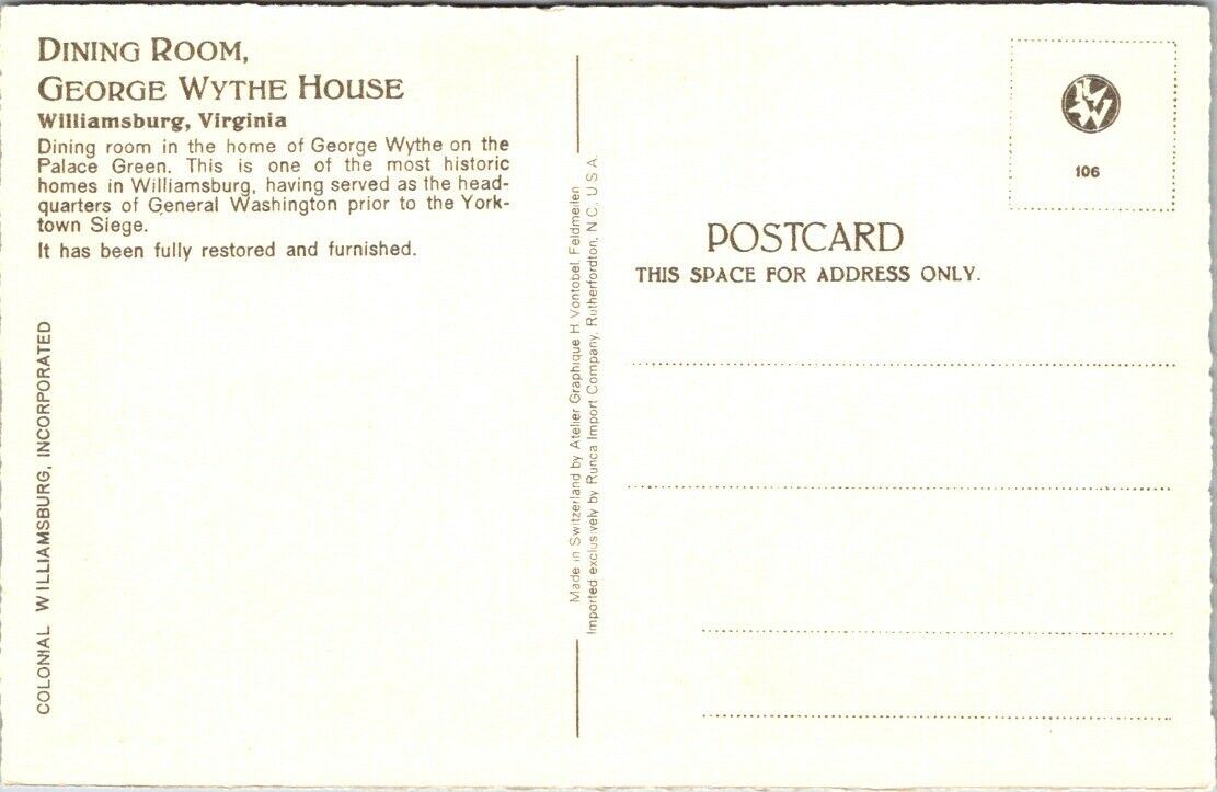 Postcard Post Dining Room George Wrythe House Williamsburg Virginia Unposted