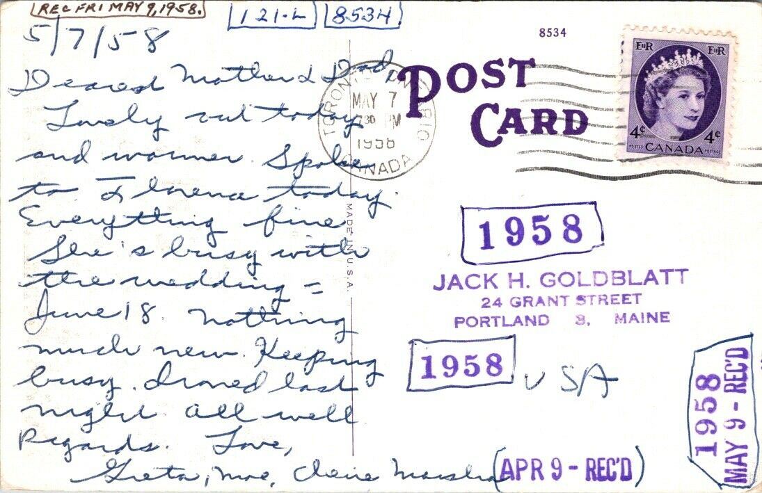 Postcard Divided Back Posted 1958 Eagle Cliff 4c Canada Stamp