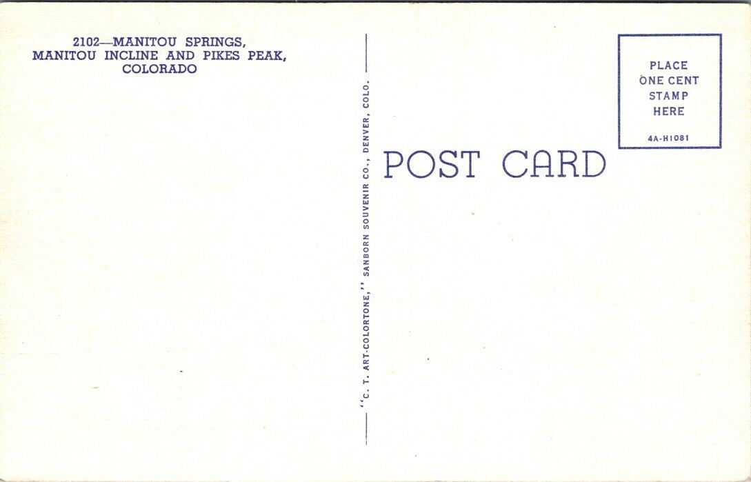 Postcard Divided Back Unposted Manitou Spring Incline Pikes Peak Colorado