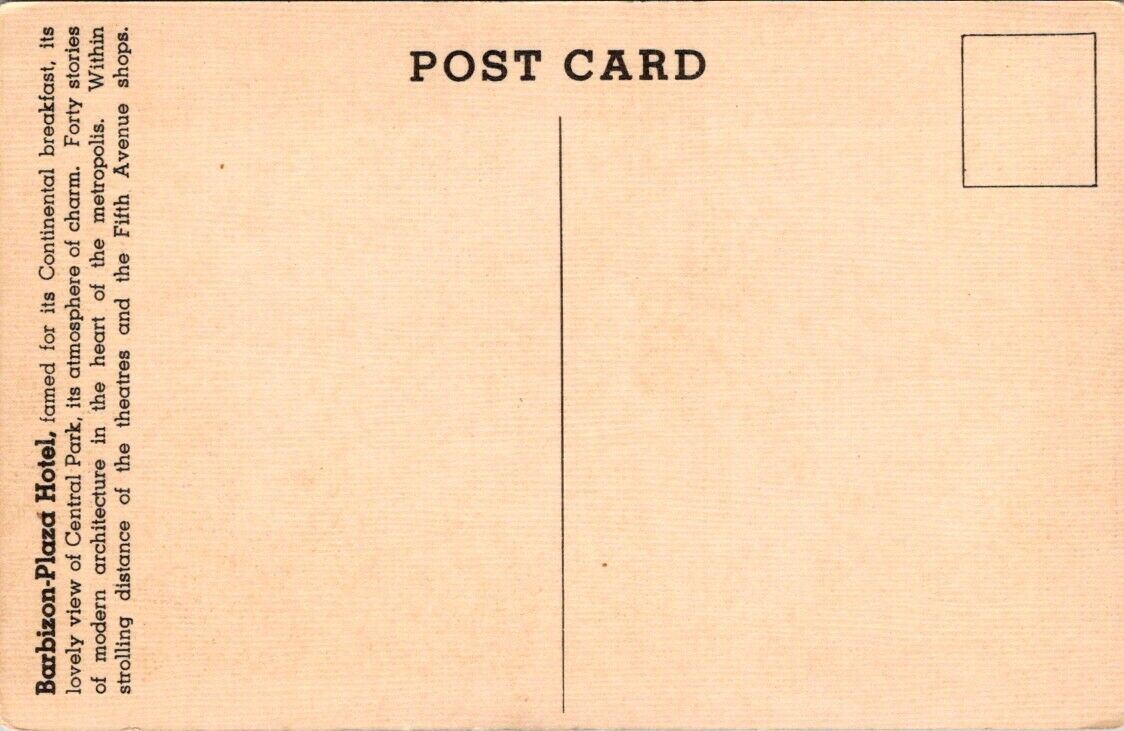 Postcard Post Barbizon Plaza Overlooking Central Park New York City Unposted