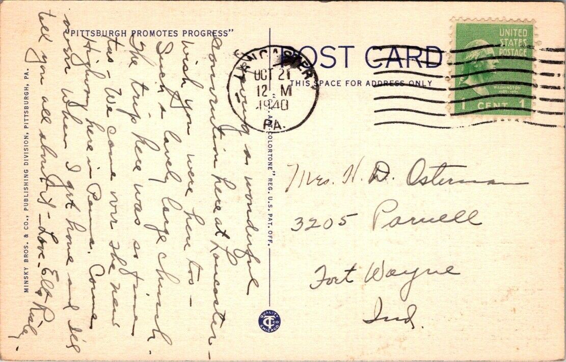 Postcard Divided Back Posted 1940 Pittsburg Cathedral Masonic Temple & Mellon
