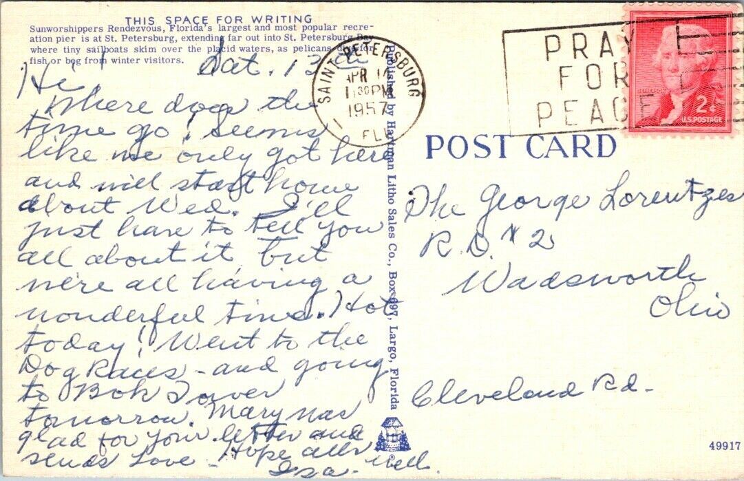 Postcard Divided Back Posted 1957 St. Petersburg Florida Ariel