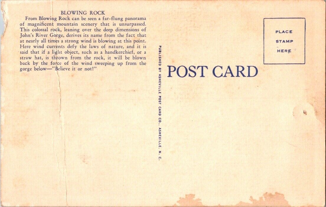 Postcard Post Card Blowing Rock North Carolina Unposted Pin Hole