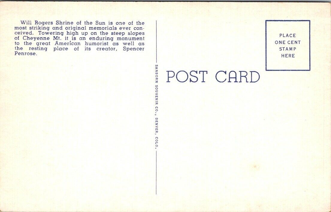 Postcard Post Shrine Of The Sun Cheyenne Mountain Broadmoor-Cheyenne Highway