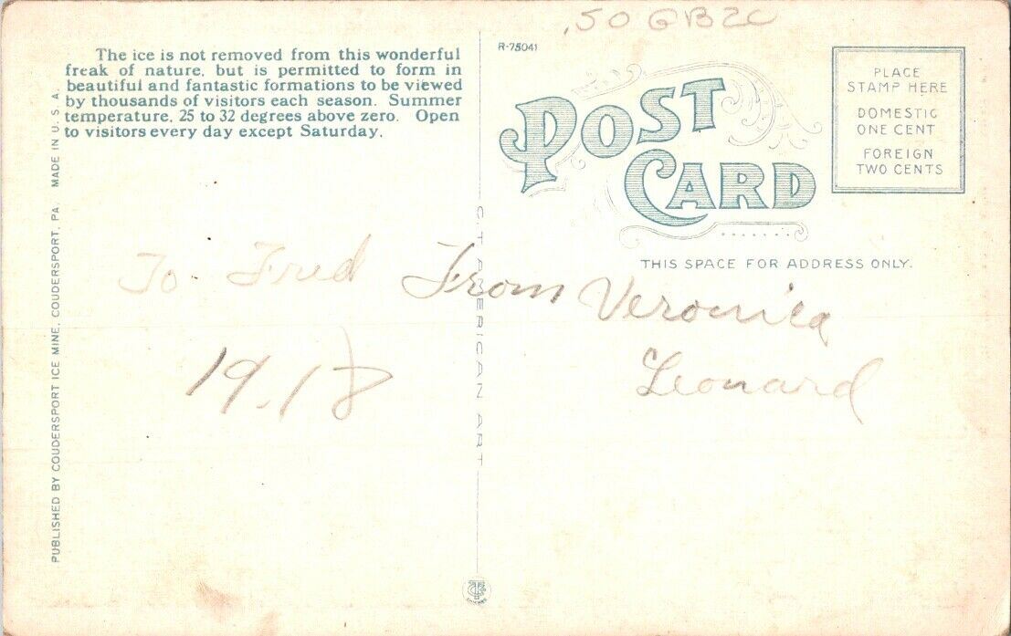 Vintage Postcard Ice Mine Nature's Wonder Coudersport Pennysalvania Unposted