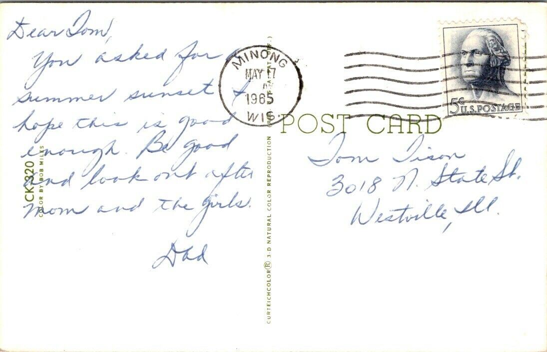 Vintage Postcard Summer Sunset Posted 1965 Wisconsin US Postage 5 Cents