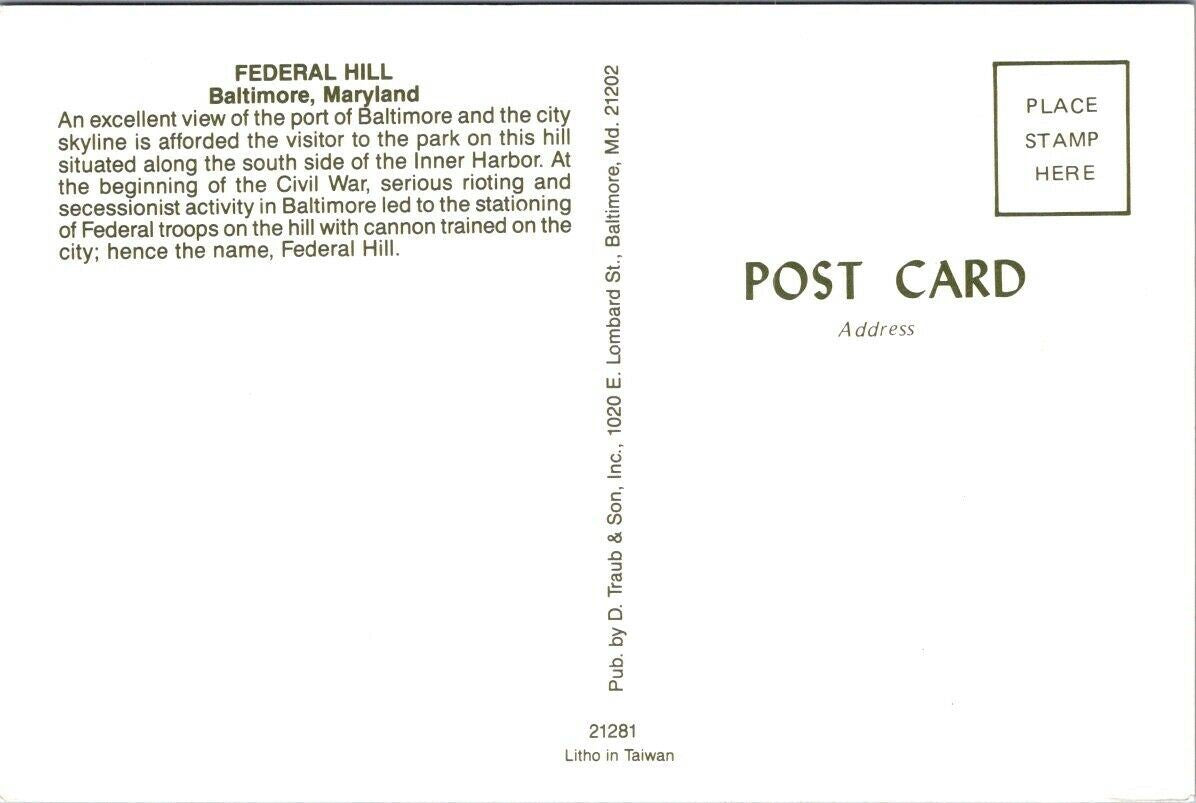 Vintage Postcard Federal Hill Baltimore Maryland USA Unposted Litho In Taiwan