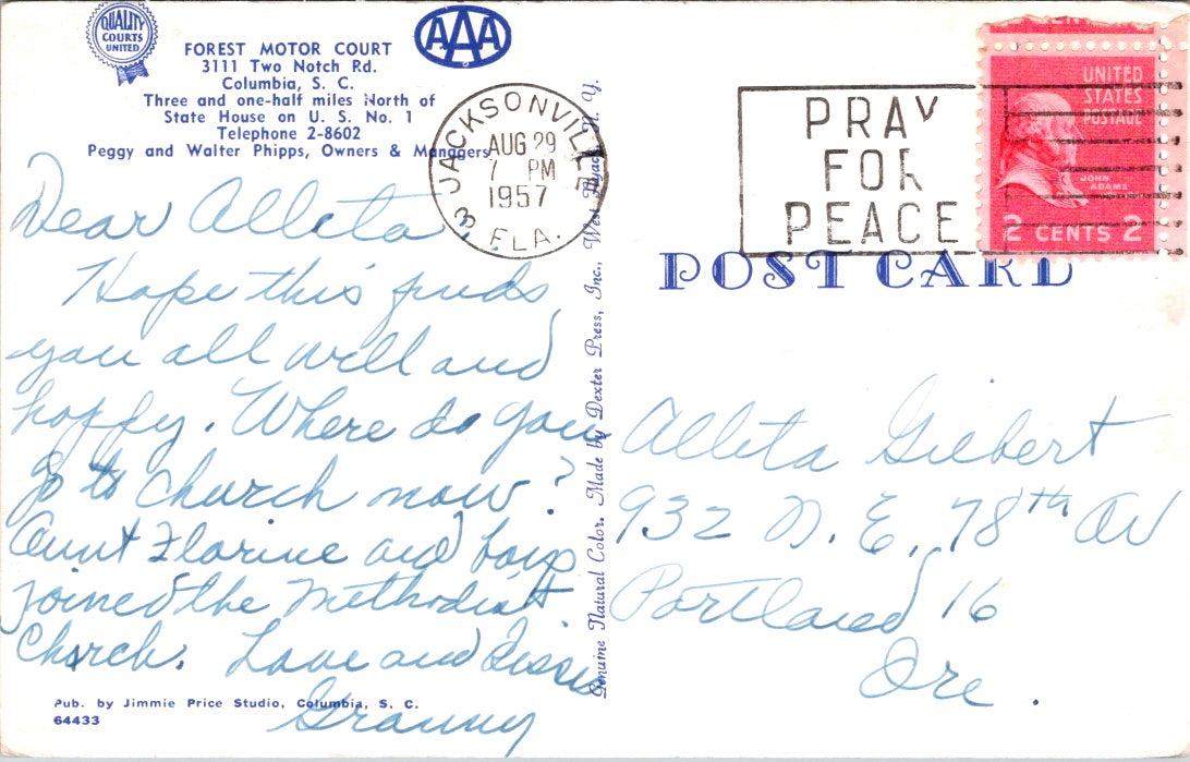 Vintage Postcard Forest Motor Court Columbia South Carolina United States Posted