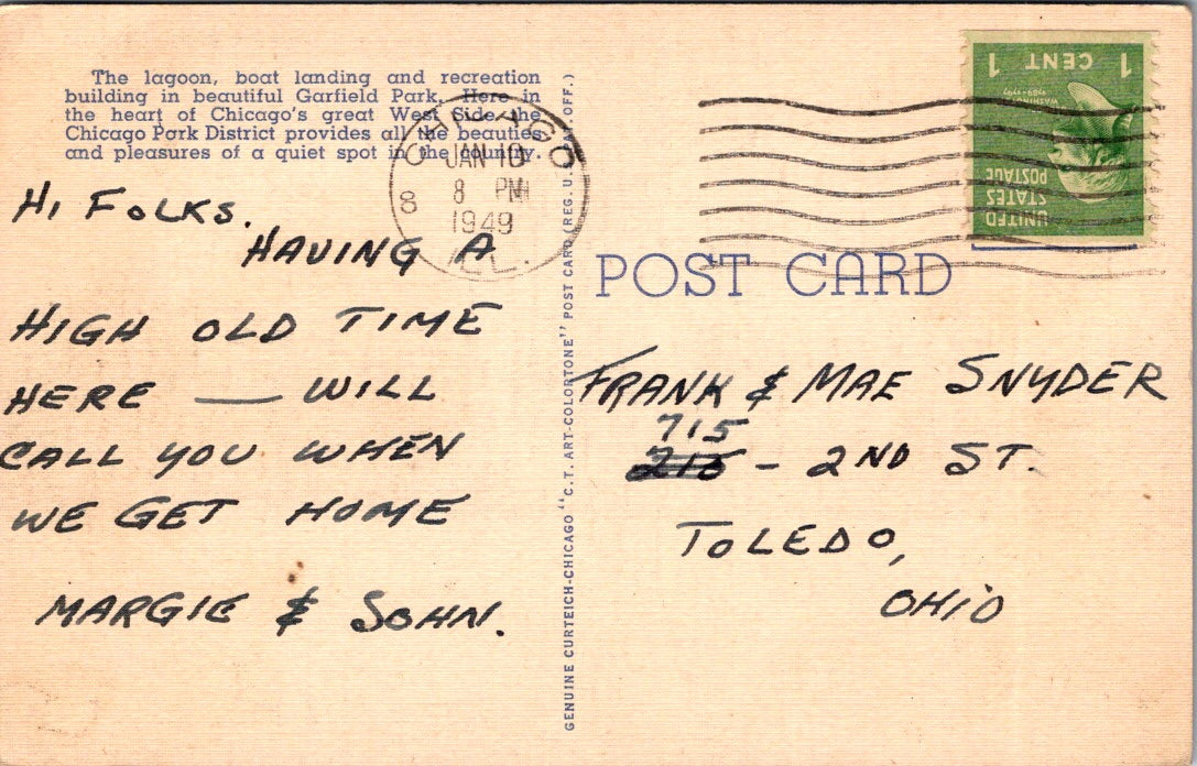 Vintage Postcard Garfield Park Lagoon And Administration Building Chicago Posted