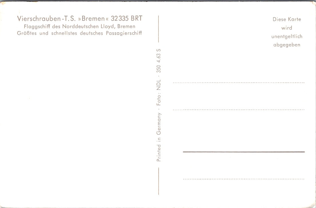 Vintage Postcard North German Flagship Lloyd Bremen Germany Unposted