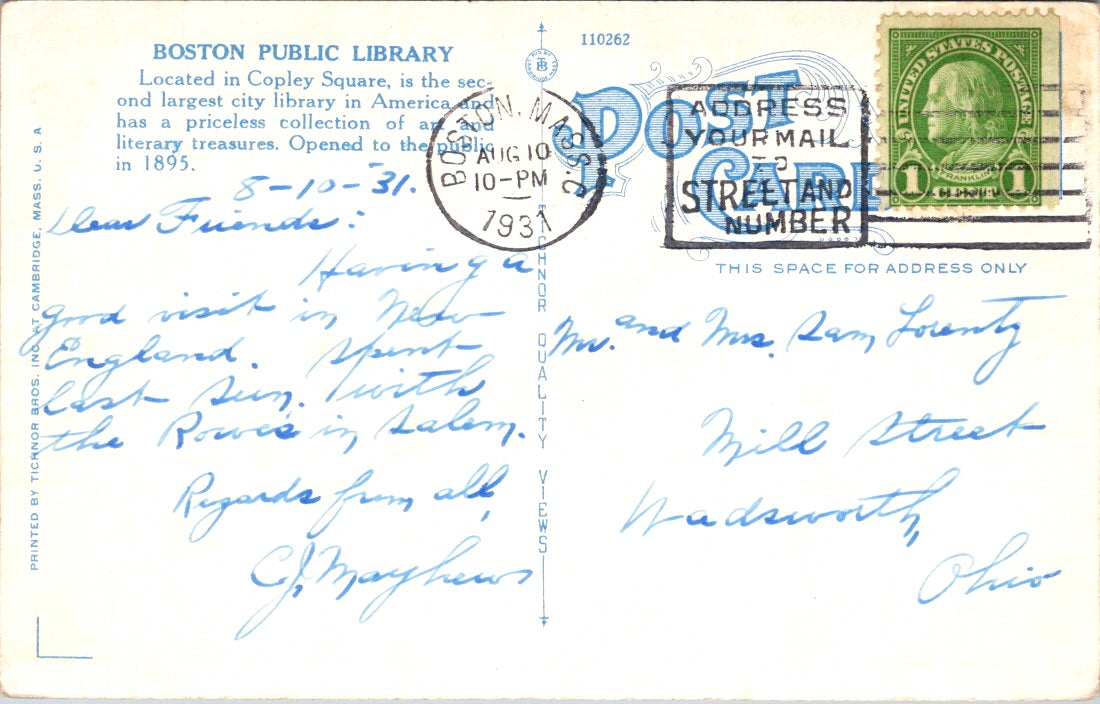 Vintage Postcard Public Library Boston Massachussets United States Posted 1931