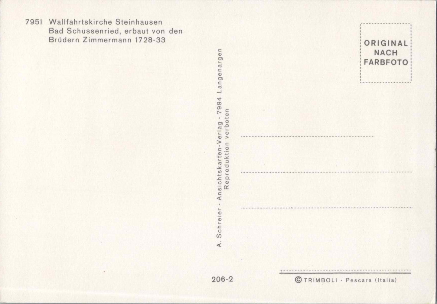 Vintage Postcard Steinhausen Pilgrimage Church By Zimmerman Germany Unposted