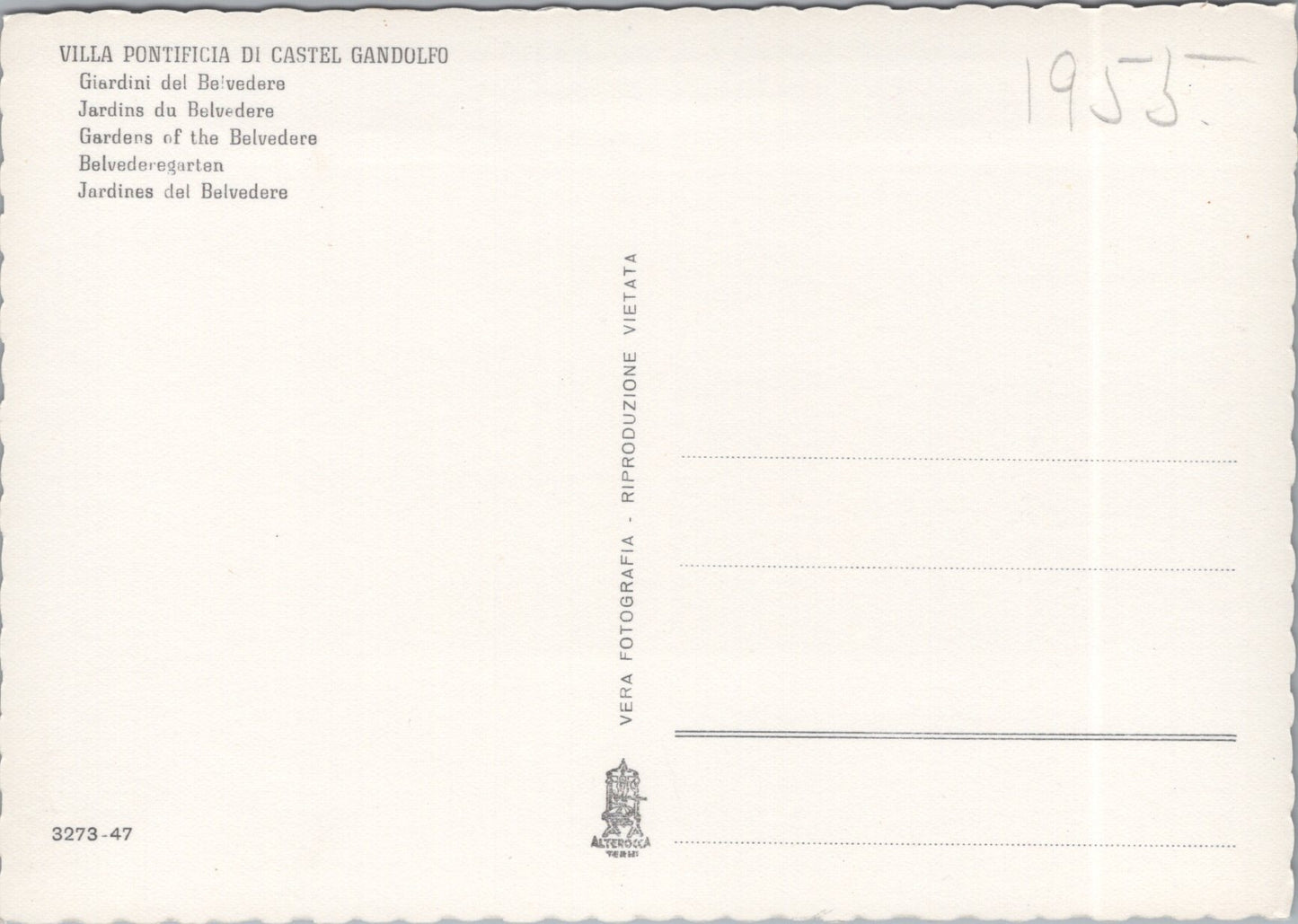 Vintage Postcard Gardens Of The Beldevere Pontifical Villas of Castel Gandolfo