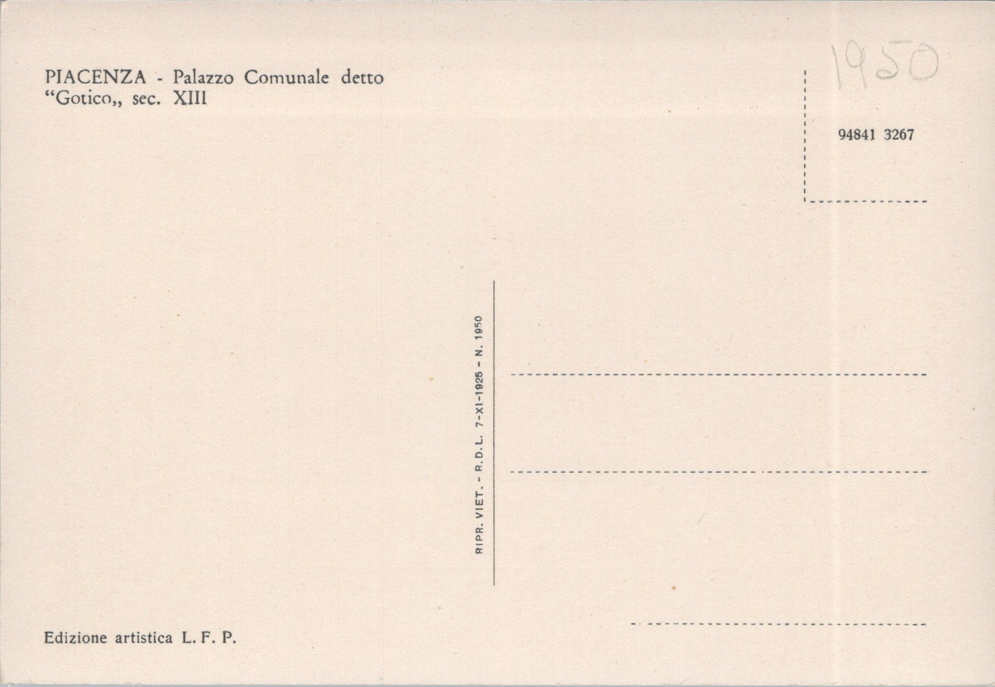 Vintage Postcard Gottico The Municipal Building Piacenza Italy Unposted