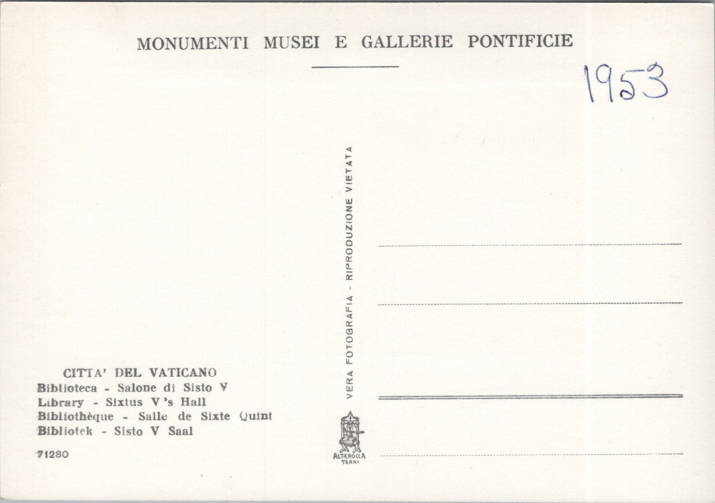 Vintage Postcard Sixtus V's Hall Library Vatican City Italy Unposted