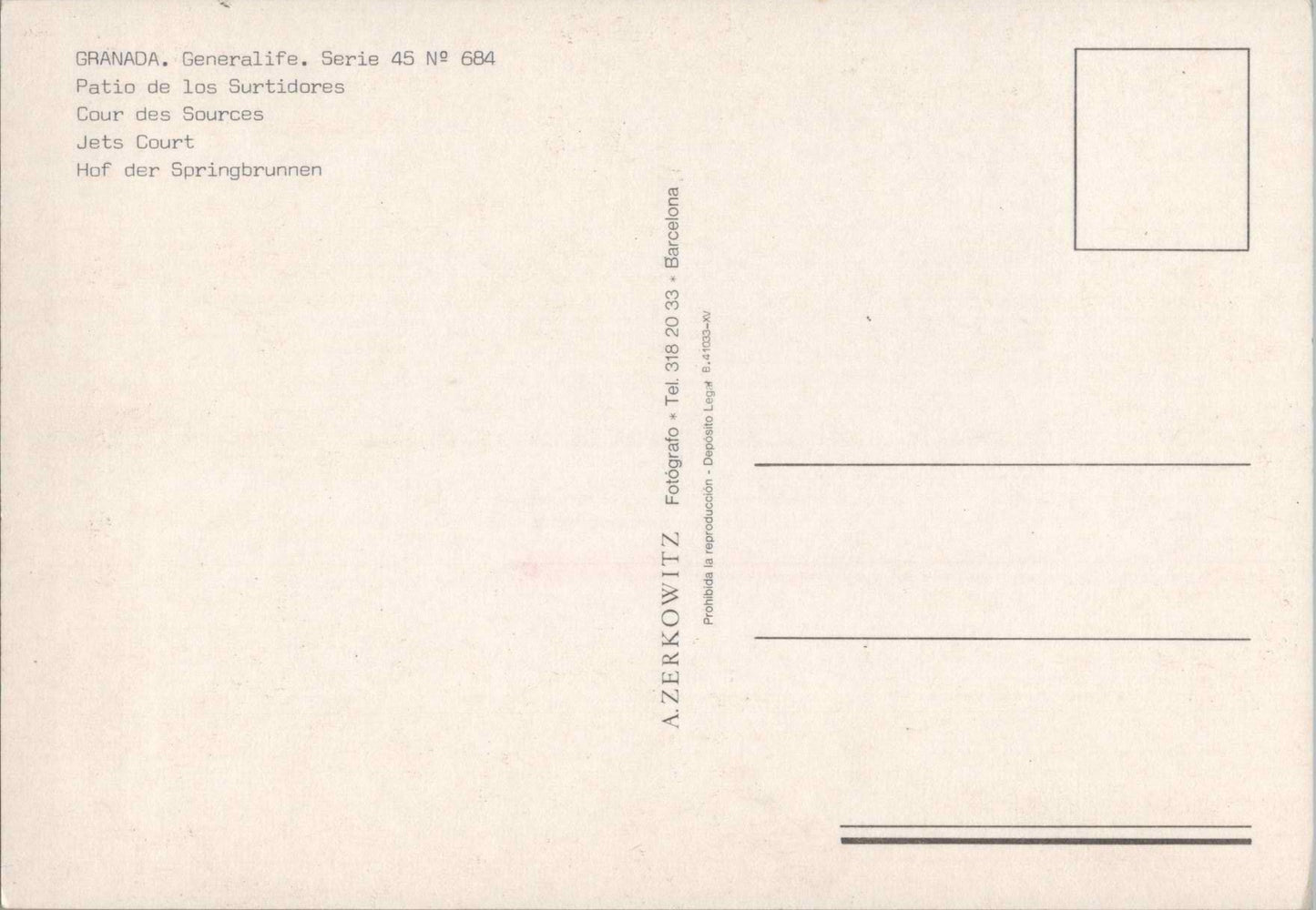 Vintage Postcard The Fountain Yard Jets Court Granada Spain Unposted