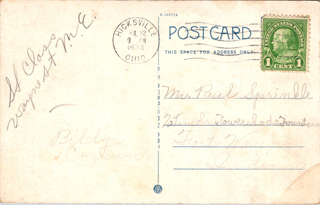 Vintage Postcard Public Library Defiance Ohio Posted 1933 Us Postage One Cent