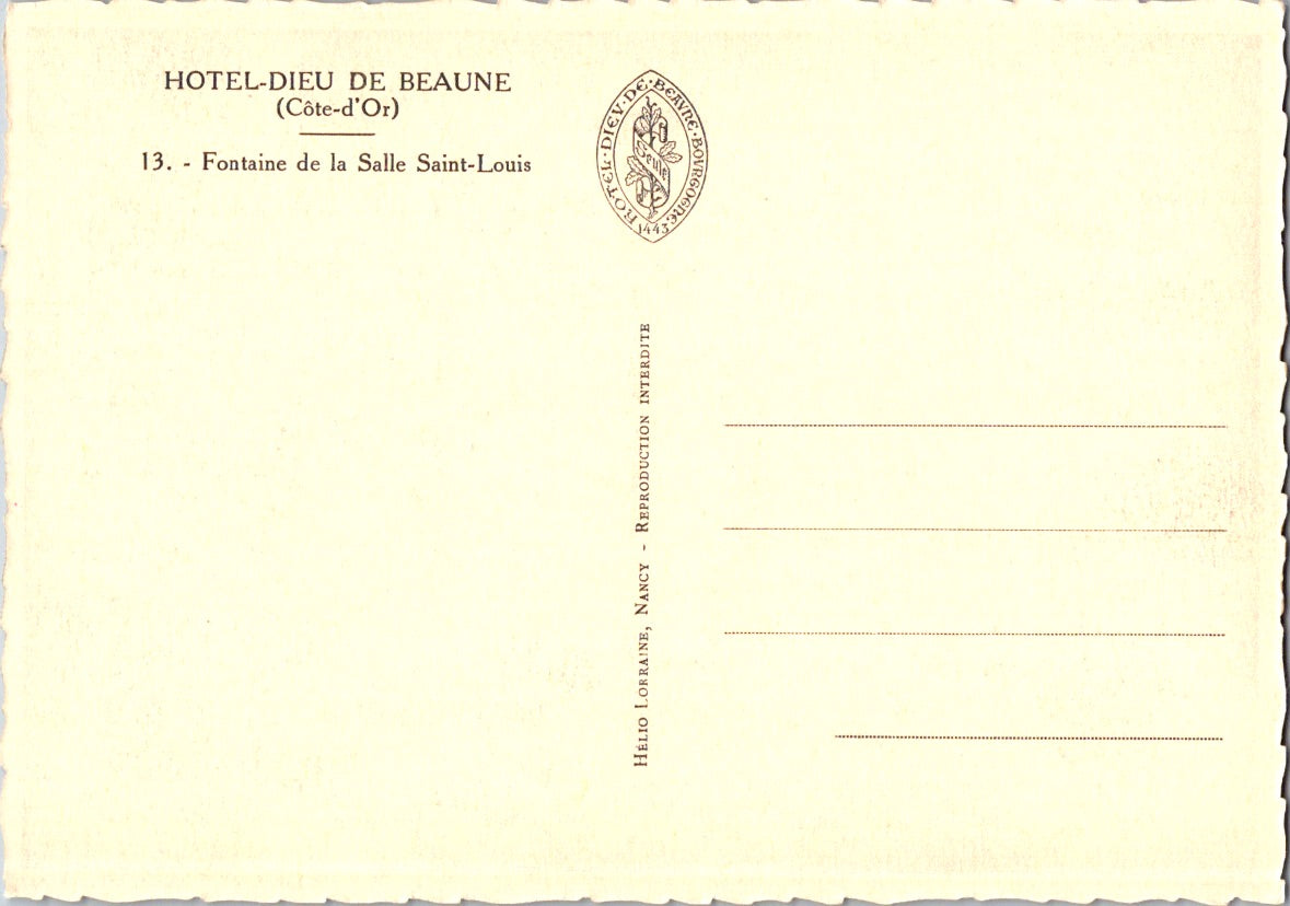 Vintage Postcard Fountain In The Saint Louis Hall Beaune France Unposted