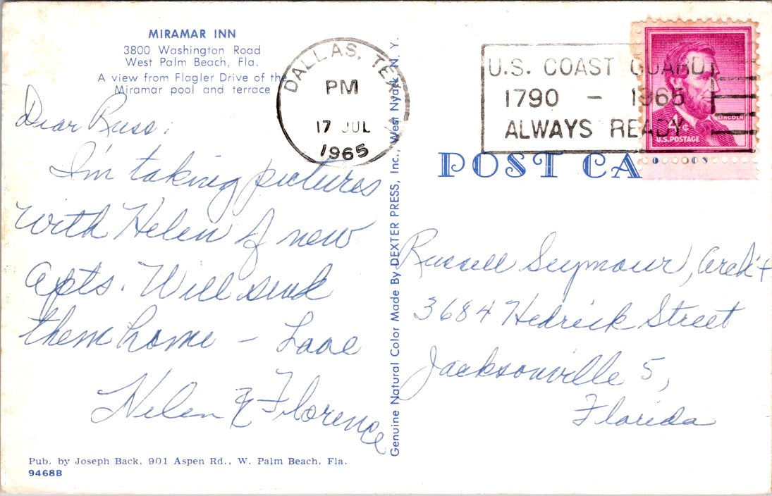 Vintage Postcard Miramar Inn West Palm Beach Florida Posted 1965 US Four Cents
