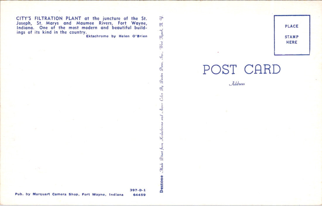 Vintage Postcard City's Filtration Plant Fort Wayne Indiana United States