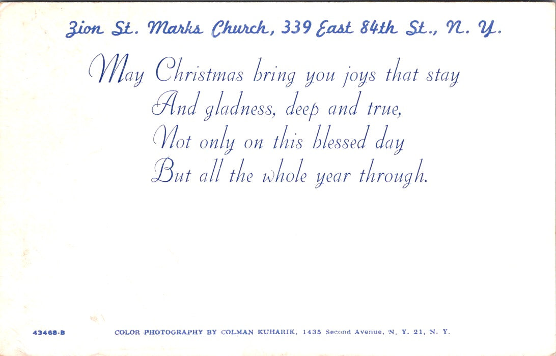 Vintage Postcard Zion Saint Mark's Evangel Lutheran New York City Unposted