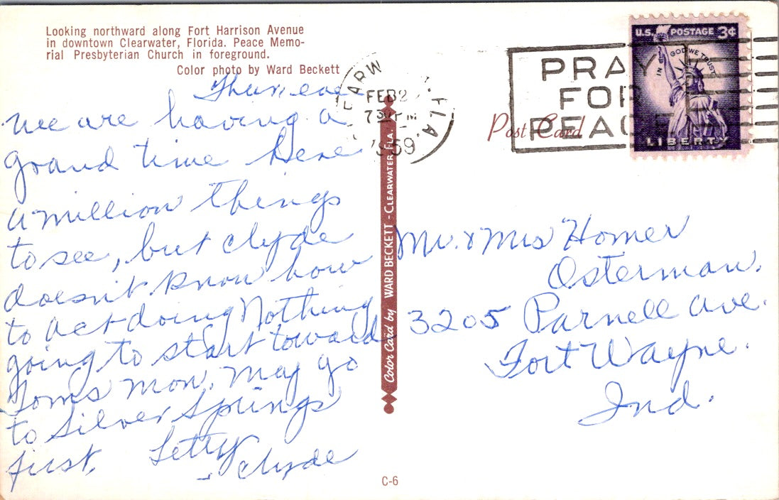 Vintage Postcard Fort Harrison Avenue Clearwater Florida Posted 1959