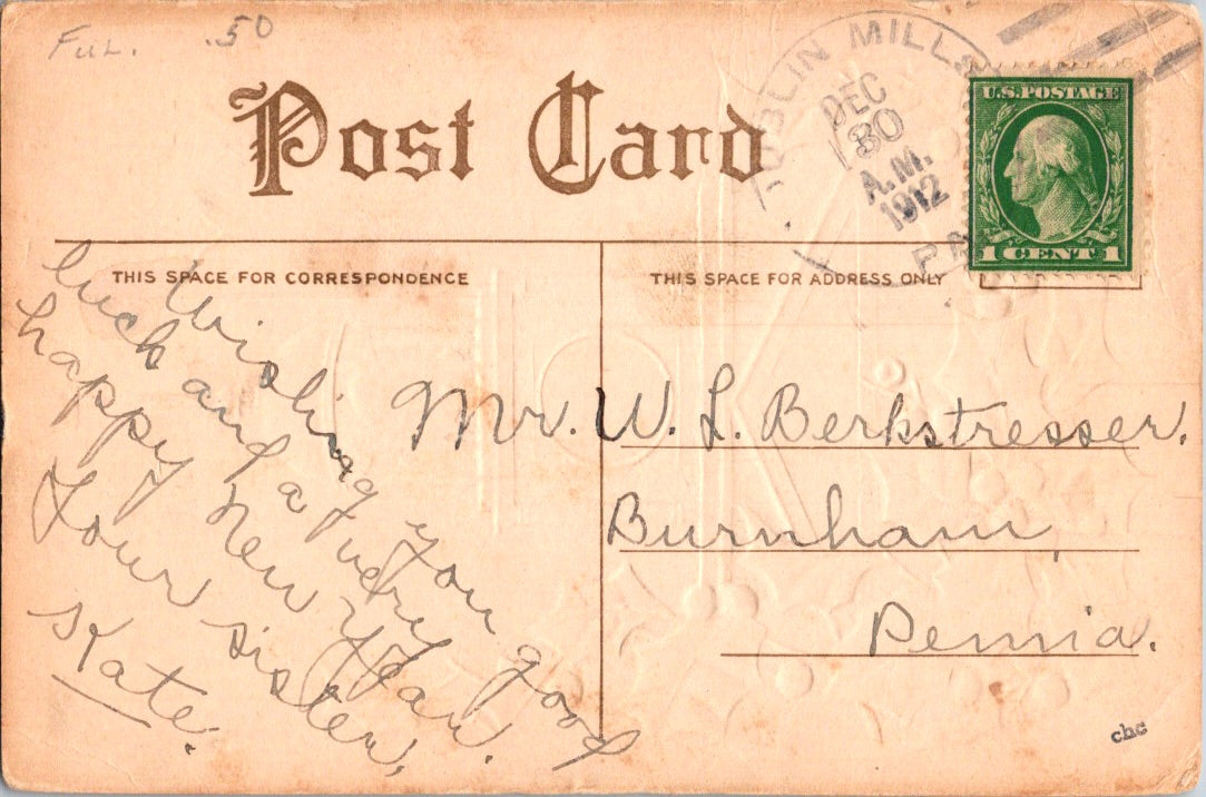 Vintage Postcard A Happy New Year Greetings Posted 1912 US One Cent
