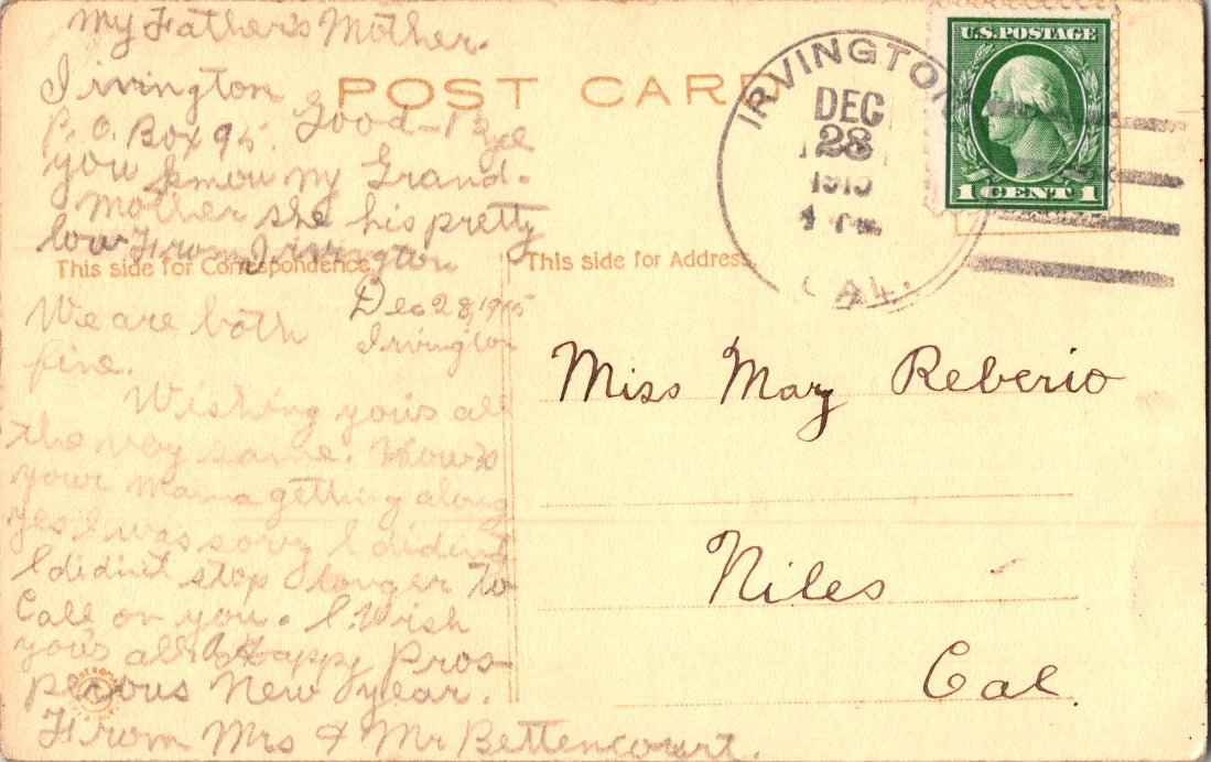 Vintage Postcard Happy New Year Greetings Posted 1915 US Postage One Cent