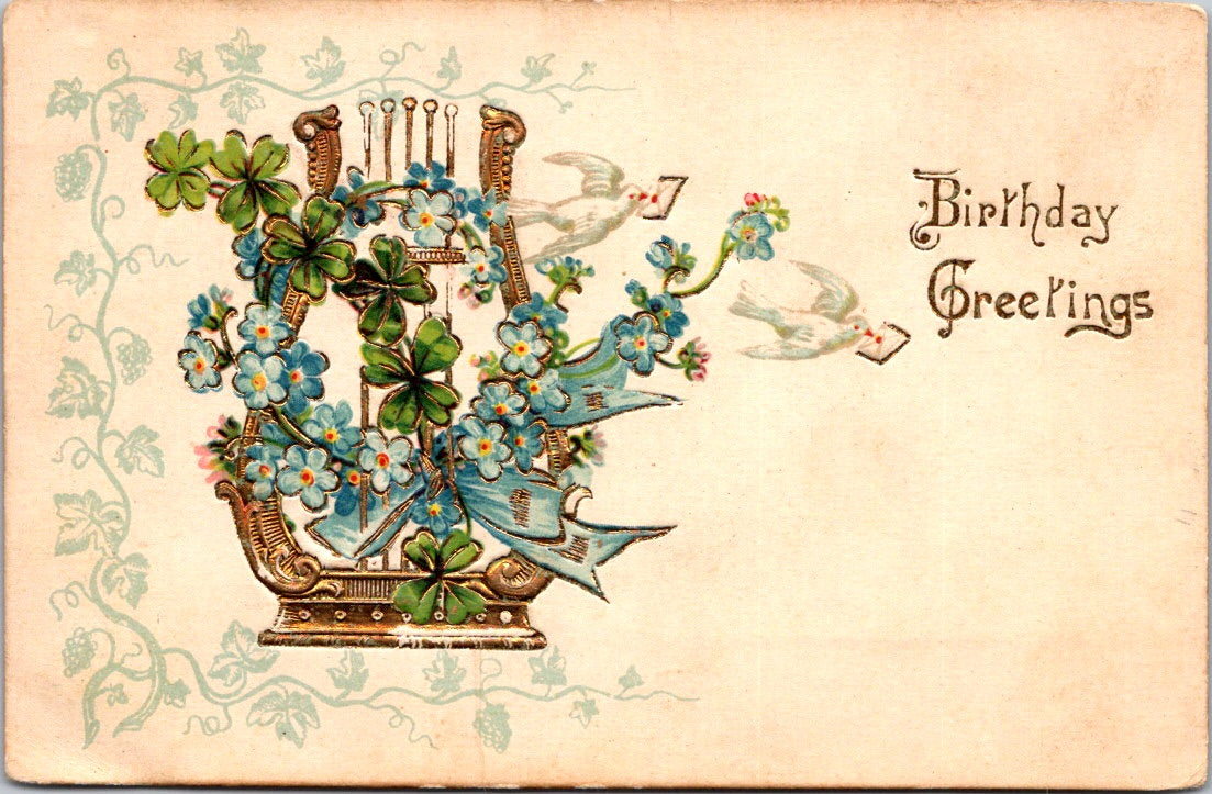 Vintage Postcard Flowers Dove Birthday Greetings Posted 1907 US Postage One Cent