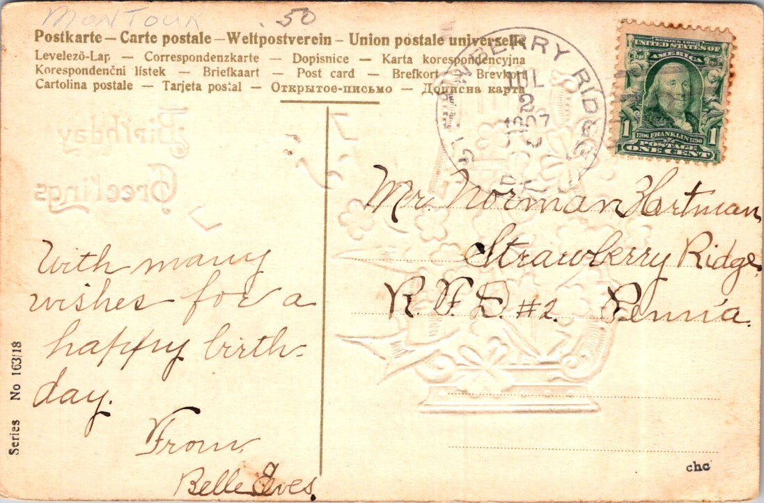 Vintage Postcard Flowers Dove Birthday Greetings Posted 1907 US Postage One Cent