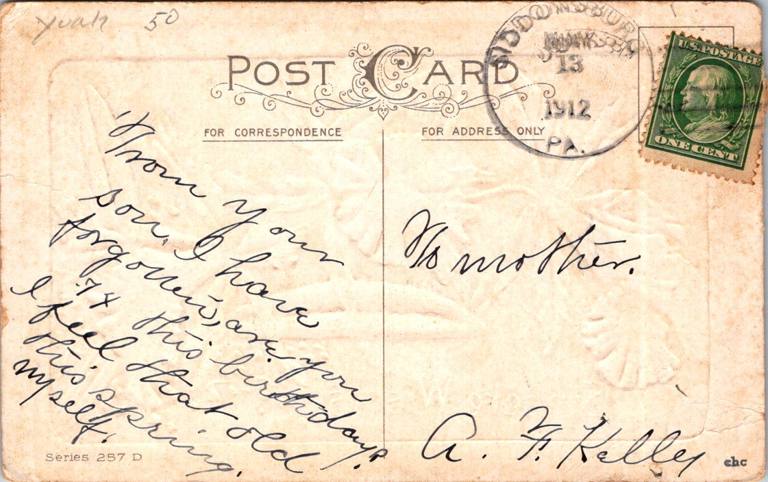 Vintage Postcard Flowers Sincere Wishes Pennsylvania Posted 1912 US One Cent