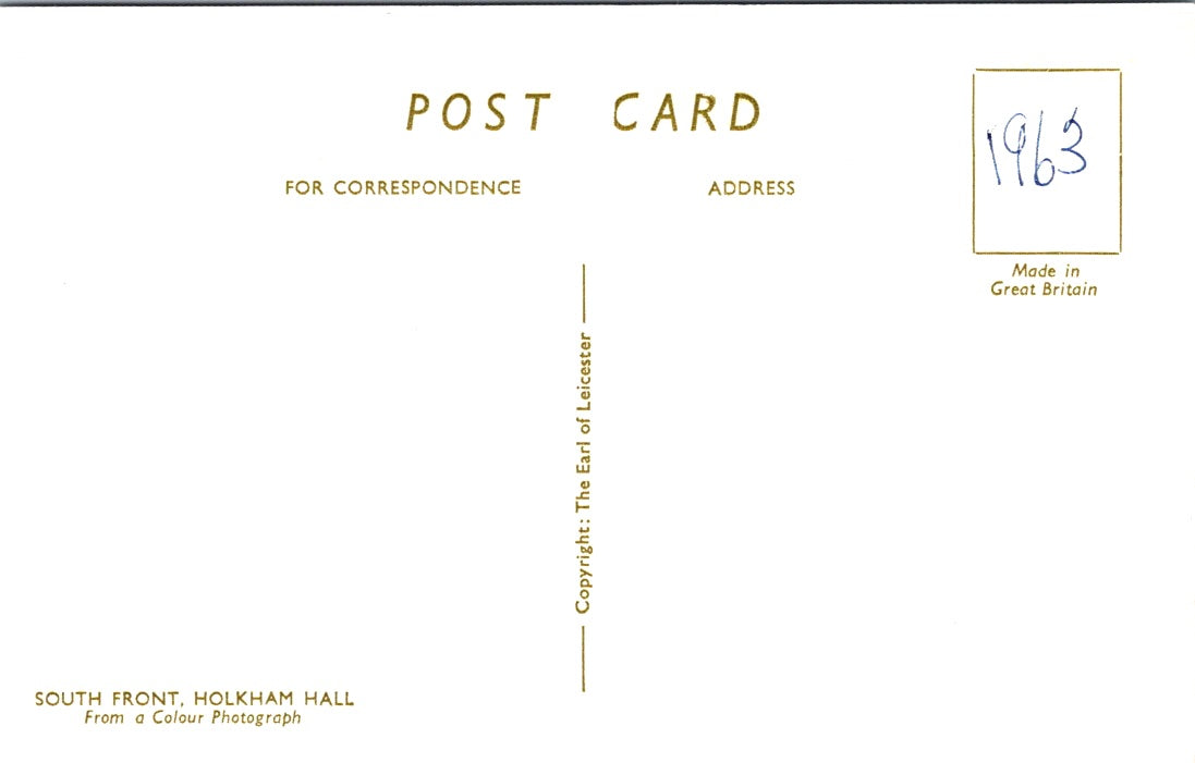 Vintage Postcard South Front Holkham Hall Norfolk England. United Kingdom