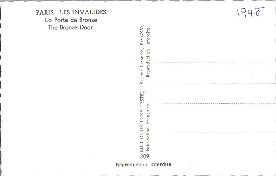 Vintage Postcard The Bronze Door Les Invalides Paris France Unposted