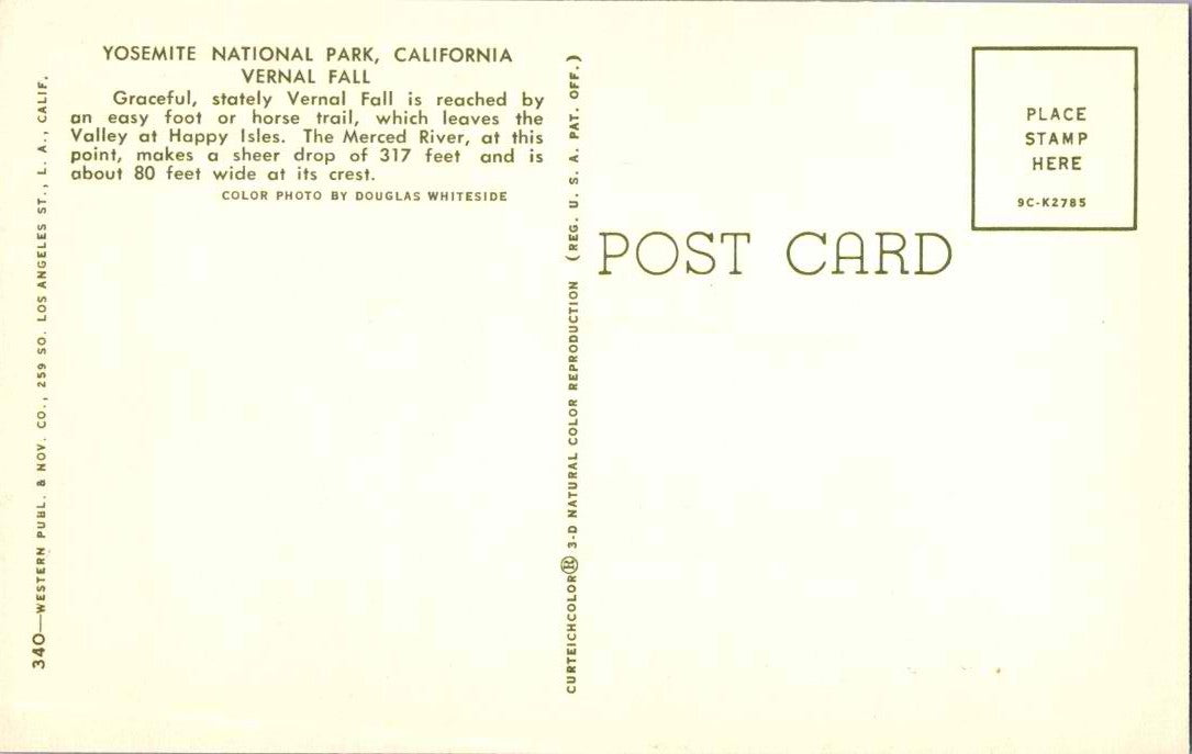 Vintage Postcard The Vernall Fall Yosemite National Park California Unposted