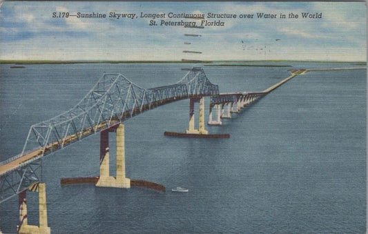 Vintage Postcard Sunshine Skyway Water Bridge St Petersburg Tampa Bay 1955