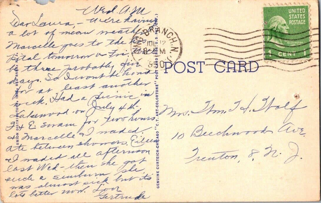 Postcard Post Card Long Branch New Jersey Posted 1950