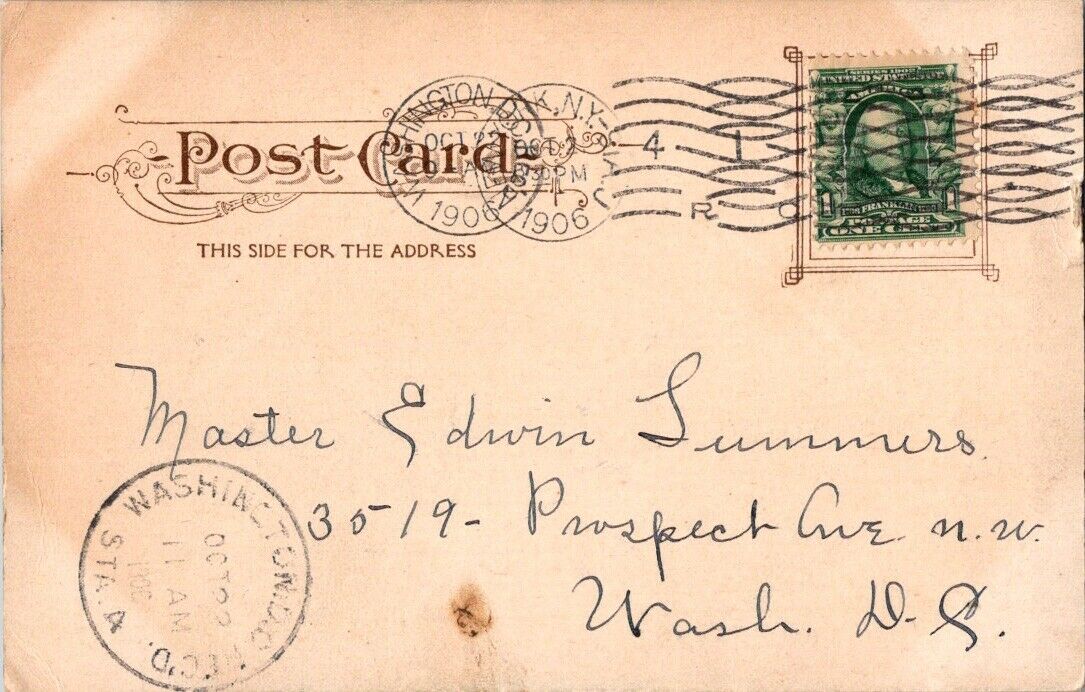 1906 Stamp Franklin Postcard Master E. Summers Double Rotary Stamp NY DC Posted