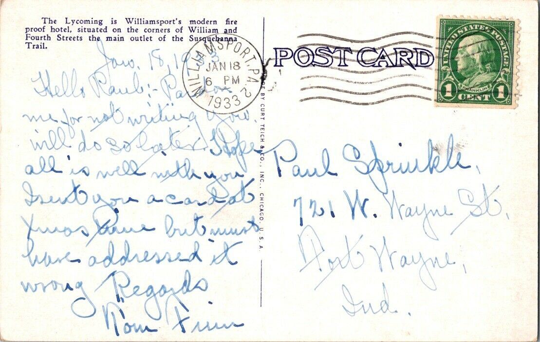 Postcard Post Card Lycoming Hotel Williamsport Penna Posted 1933