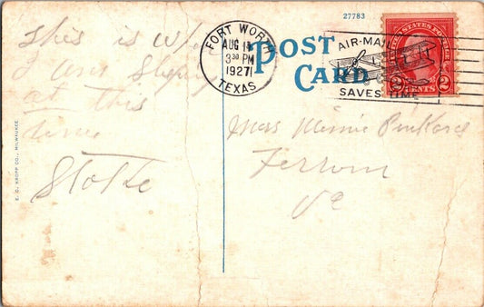 Postcard Post Card Texas Hotel Fort Worth 1923 2c Washington Red Stamp Air Mail