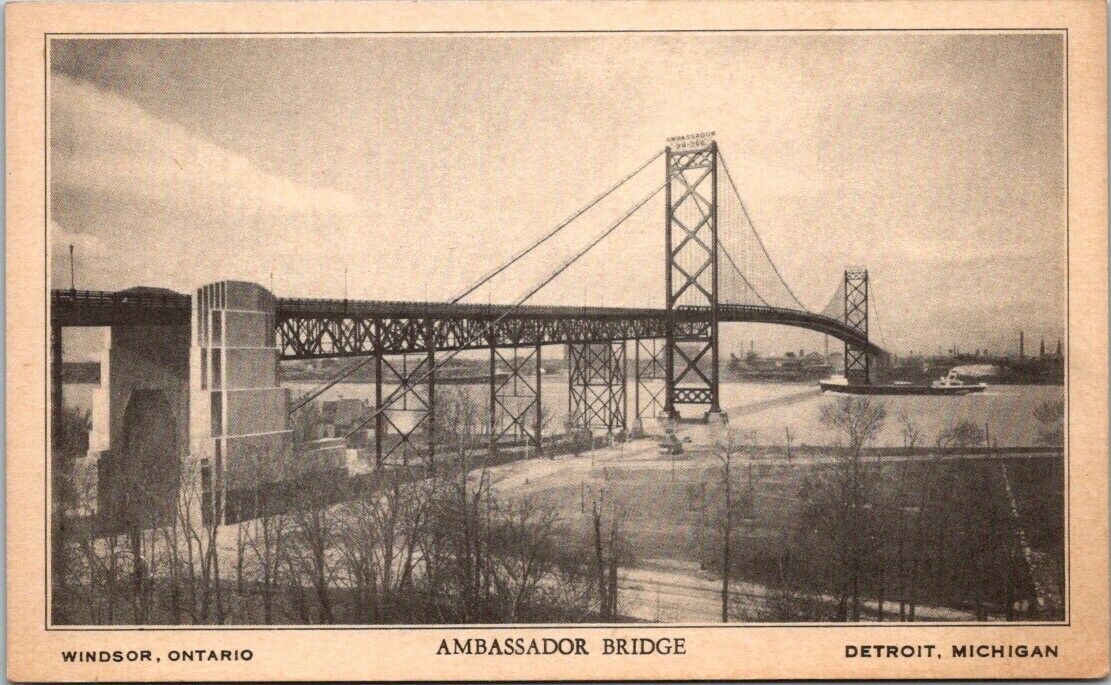 Postcard B Ambassador International Bridge Detroit Michigan Windsor Ontario