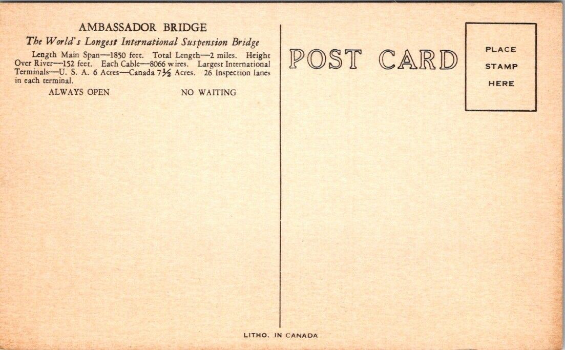 Postcard B Ambassador International Bridge Detroit Michigan Windsor Ontario