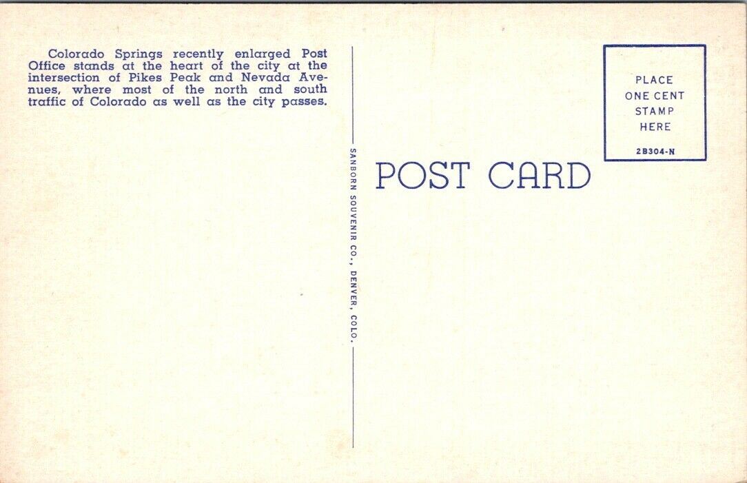 Postcard Post Card Post Office Court House Colorado Springs Colorado Unposted