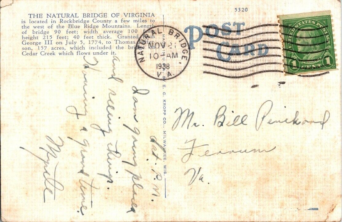 Postcard Post Card Natural Bridge Virginia Posted 1938 1c Stamp