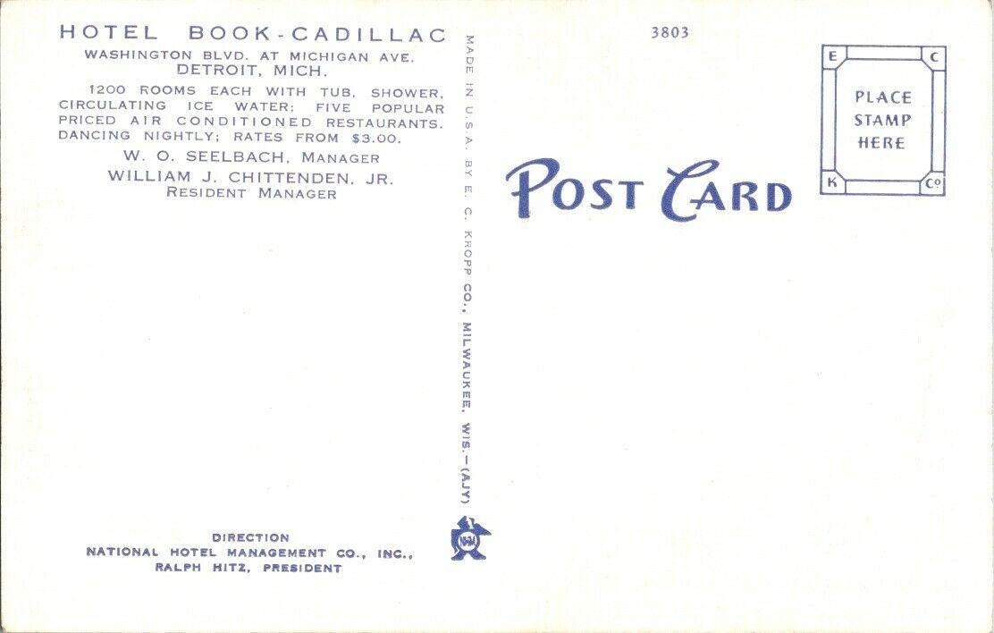 Postcard Post Card Book Cadillac Hotel Detroit Michigan Unposted