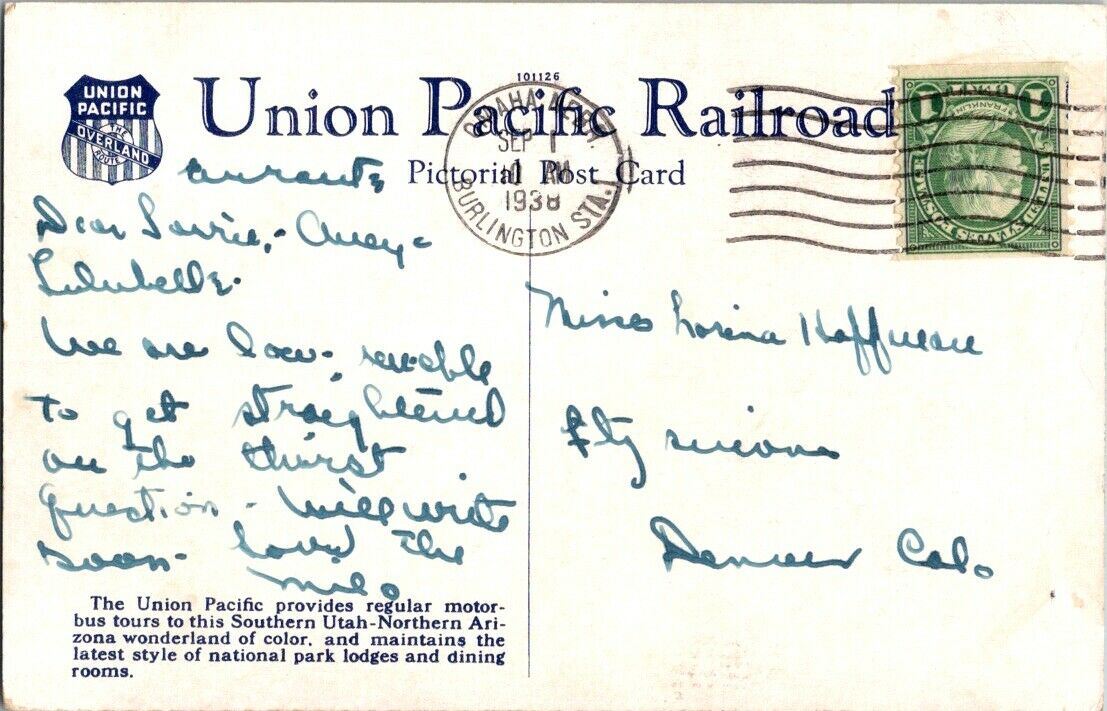 Union Pacific Railroad Postcard  White Throne Zion National Park 1938 1c Stamp