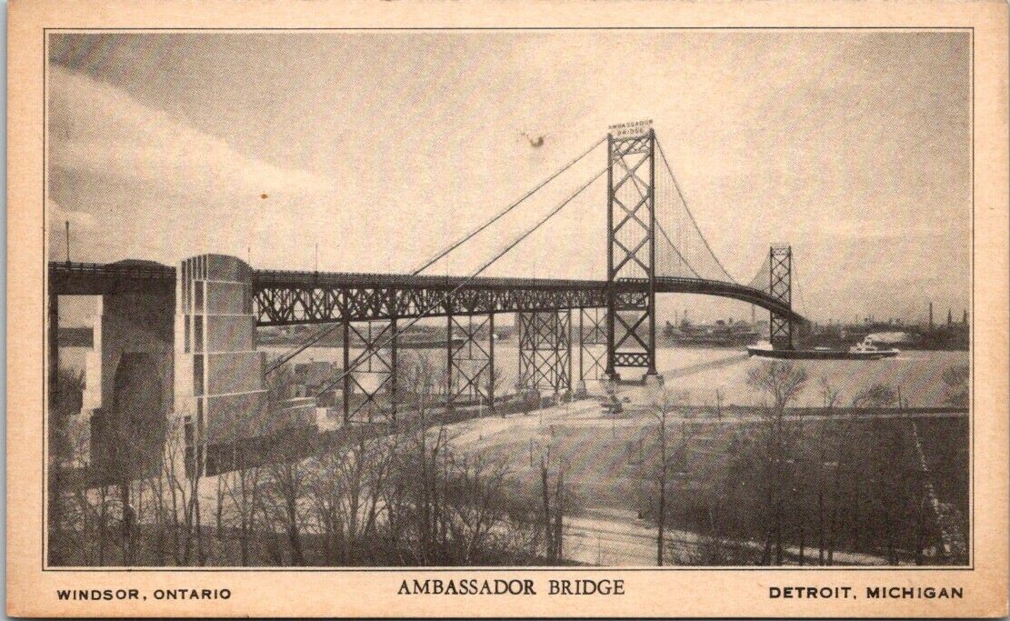 Postcard C Ambassador International Bridge Detroit Michigan Windsor Ontario