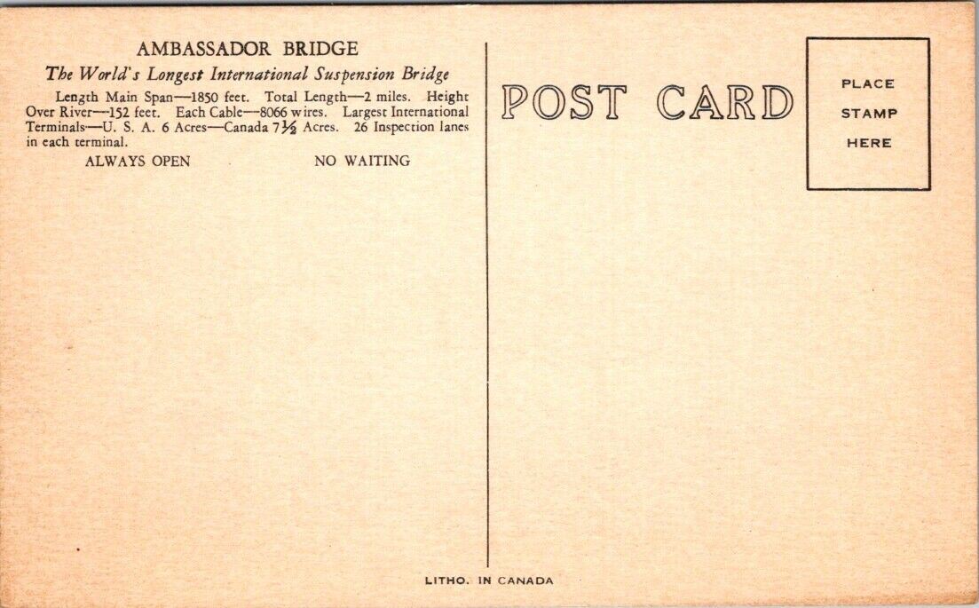 Postcard C Ambassador International Bridge Detroit Michigan Windsor Ontario