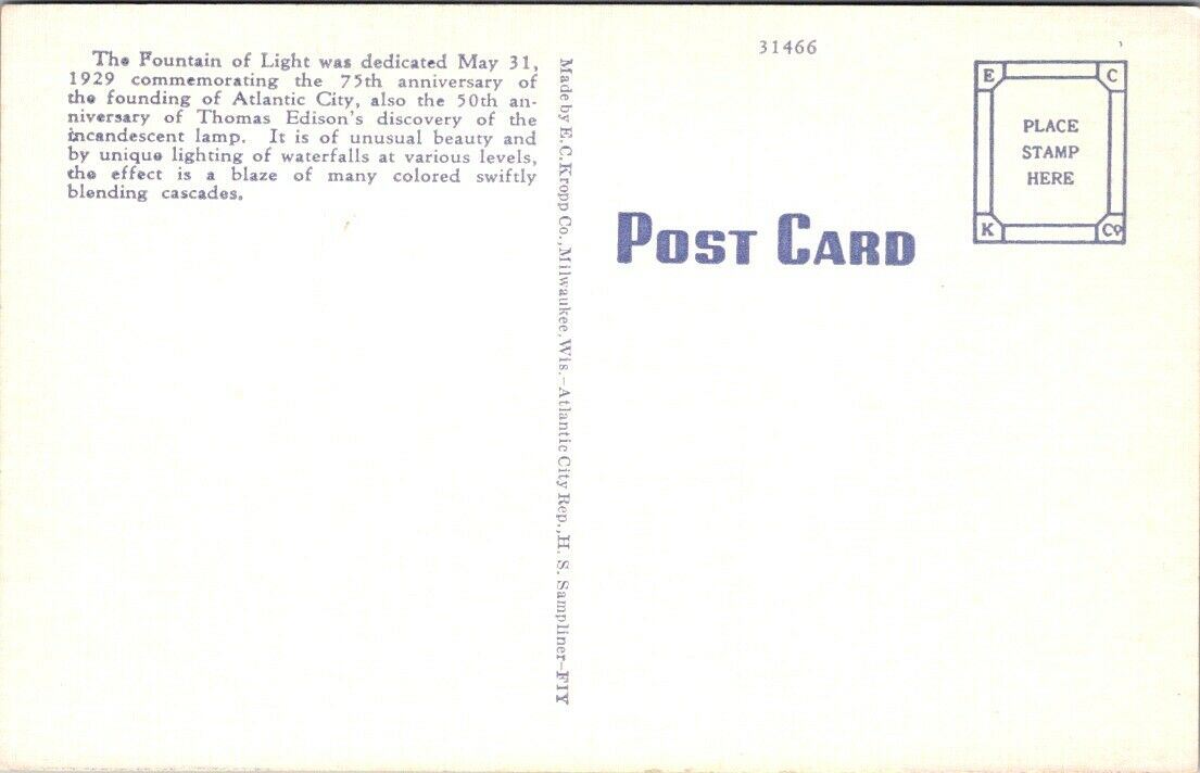 Postcard Divided Back Unposted Fountain Of Light Atlantic City New Jersey