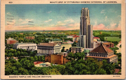 Postcard Divided Back Posted 1940 Pittsburg Cathedral Masonic Temple & Mellon